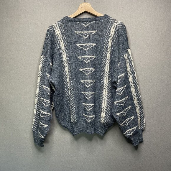 Vintage Colore Italy Blue/White Geometric Knit Sweater L Wool Blend - Picture 3 of 4